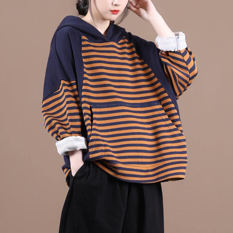 Organic Chocolate Striped Top Silhouette Hooded Patchwork Silhouette Blouses