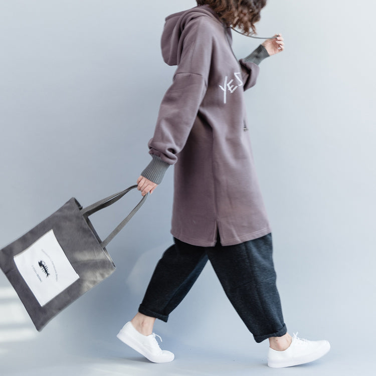 Organic Cotton Tops Hooded Patchwork Gray Midi Tops
