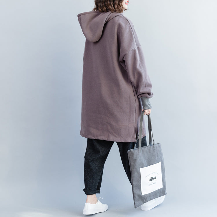 Organic Cotton Tops Hooded Patchwork Gray Midi Tops