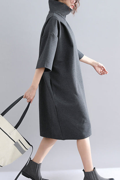 Organic Dark Gray Knit Dress Sweets Design High Neck Half Sleeve Baggy Spring Dress