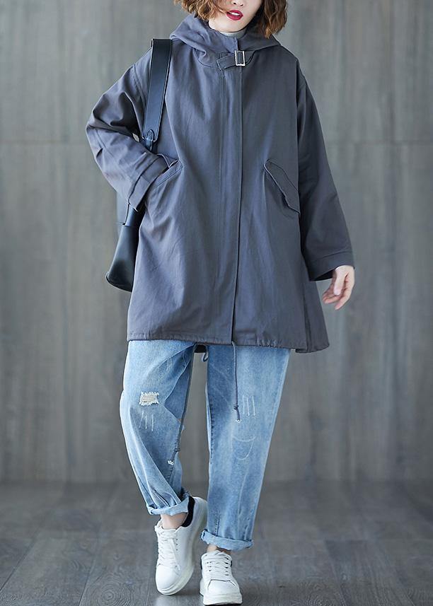 Organic Dark Gray Hooded Cotton Blouse Drawstring Hem Tunic Fall Shirt