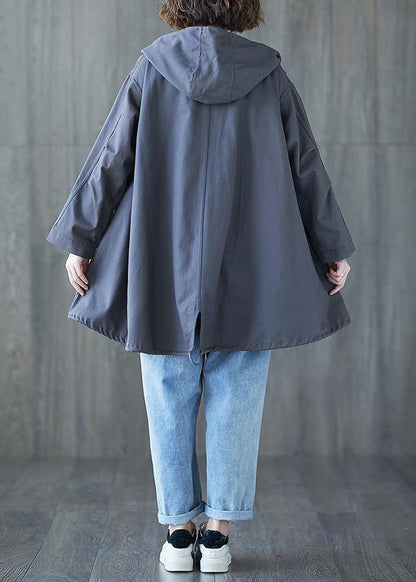 Organic Dark Gray Hooded Cotton Blouse Drawstring Hem Tunic Fall Shirt