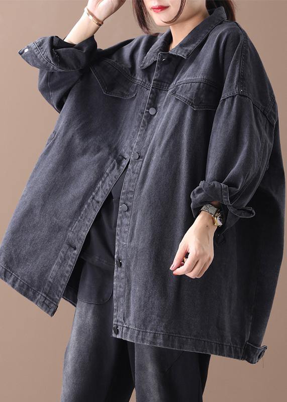 Organic Denim Black Cotton Crane Tops Lapel Pockets Midi Fall Blouses