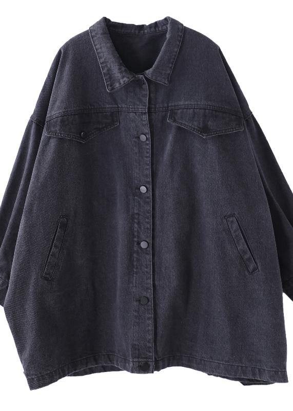 Organic Denim Black Cotton Crane Tops Lapel Pockets Midi Fall Blouses
