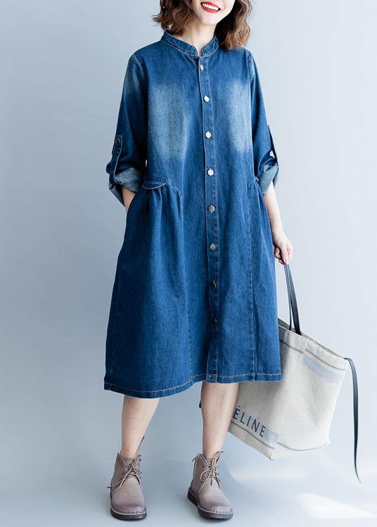 Organic Denim Blue Embroidery Fine Clothes for Wardrobes Striped Collar Fall Outwears