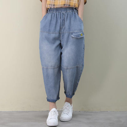 Organic Denim Blue Elastic Waist Patchwork Pants