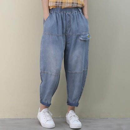 Organic Denim Blue Elastic Waist Patchwork Pants
