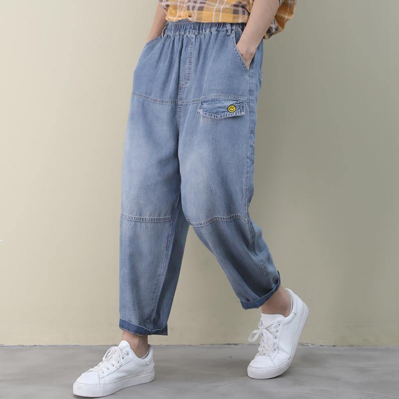 Organic Denim Blue Elastic Waist Patchwork Pants