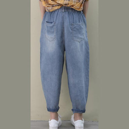 Organic Denim Blue Elastic Waist Patchwork Pants