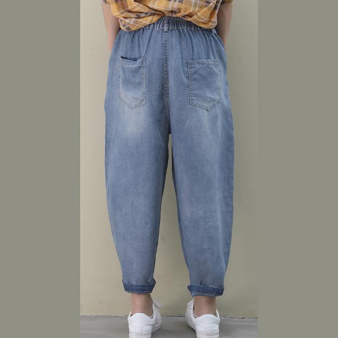 Organic Denim Blue Elastic Waist Patchwork Pants