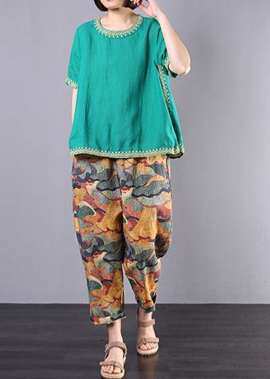 Organic Embroidery Linen Cotton Clothes Green O Neck Dresses Blouses Summer