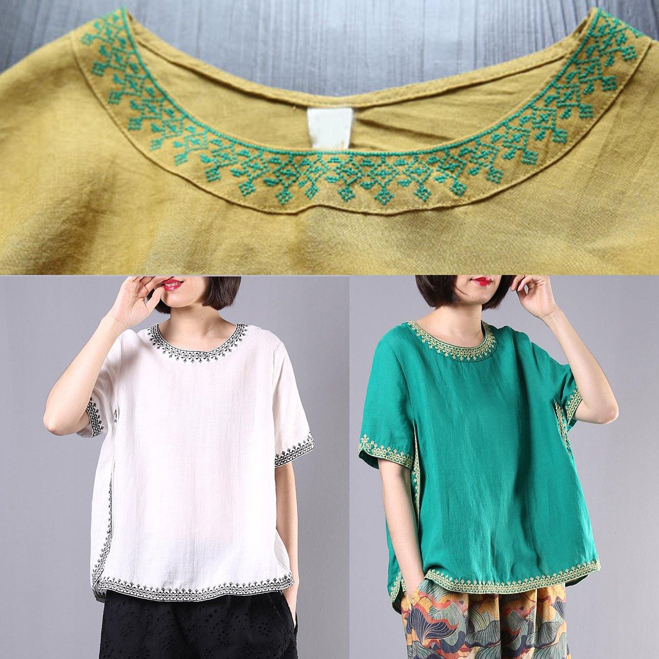 Organic Embroidery Linen Cotton Clothes Green O Neck Dresses Blouses Summer
