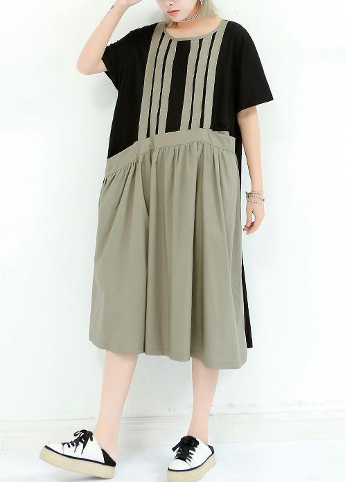 Organic Gray Green Cotton Dresses O Neck Patchwork Cotton Summer Dress