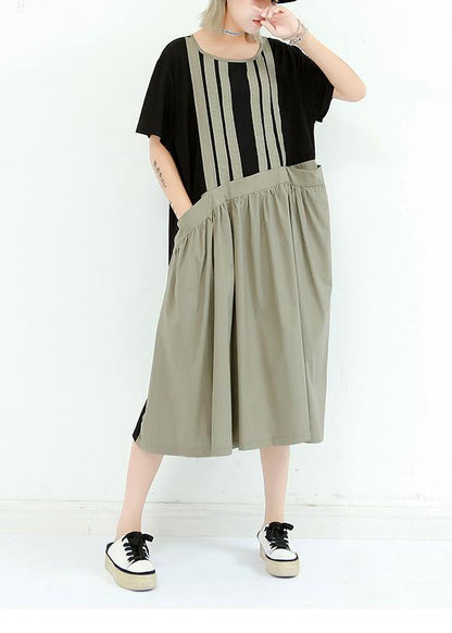 Organic Gray Green Cotton Dresses O Neck Patchwork Cotton Summer Dress