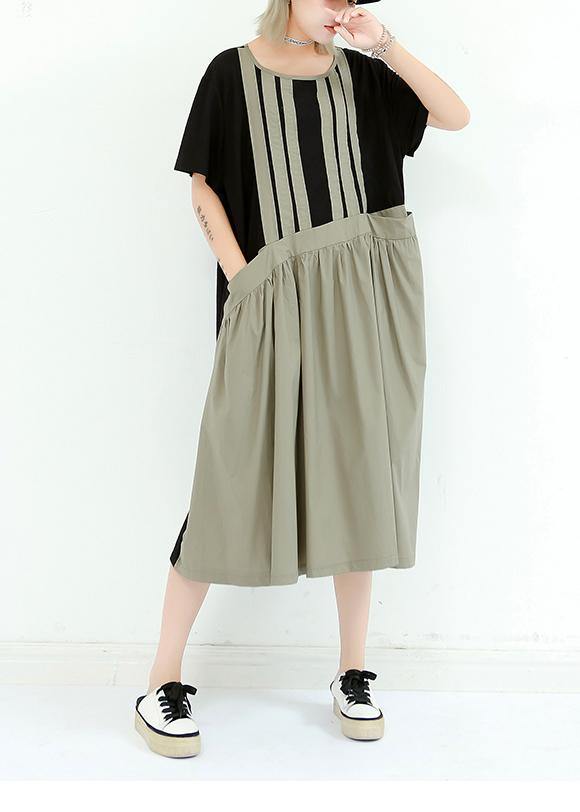 Organic Gray Green Cotton Dresses O Neck Patchwork Cotton Summer Dress