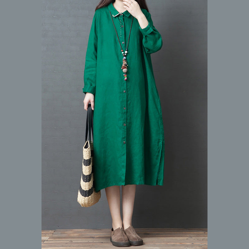 Organic Green Linen Robes Indian Online Shopping Lapel Collar Linen Robes Shirt Dress