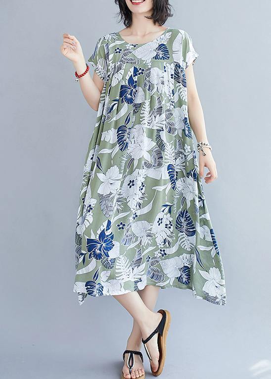 Organic Green Print Clothes O Neck Pockets Cotton Summer Dresses