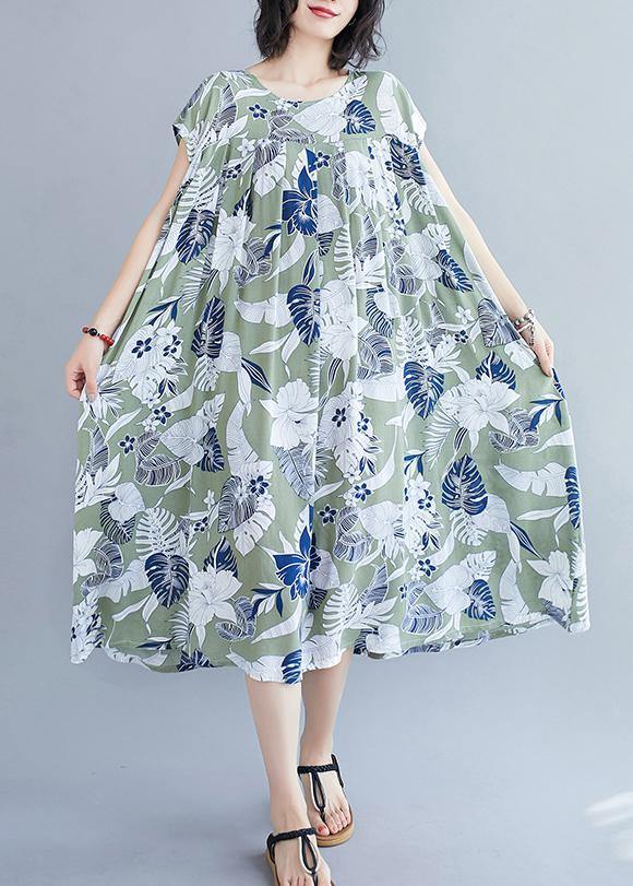Organic Green Print Clothes O Neck Pockets Cotton Summer Dresses