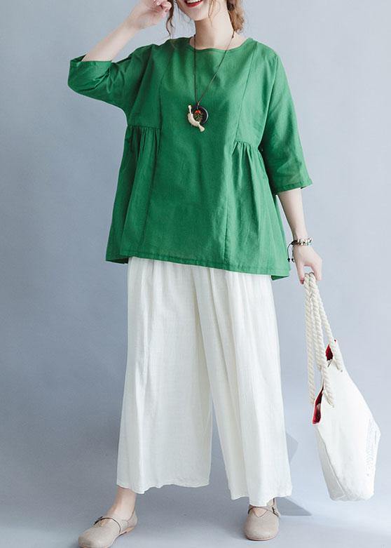 Organic Green Cinched Linen Cotton Tunic Pattern Wardrobes Half Sleeve Summer Top