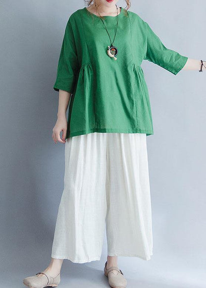 Organic Green Cinched Linen Cotton Tunic Pattern Wardrobes Half Sleeve Summer Top