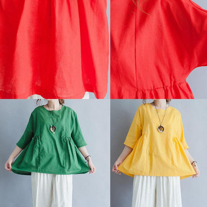 Organic Green Cinched Linen Cotton Tunic Pattern Wardrobes Half Sleeve Summer Top