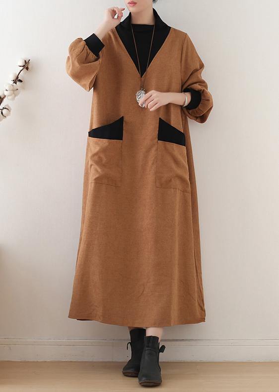 Organic High Neck Patchwork Cotton Dresses Work Outfits Yellow a Line Dresses Fall