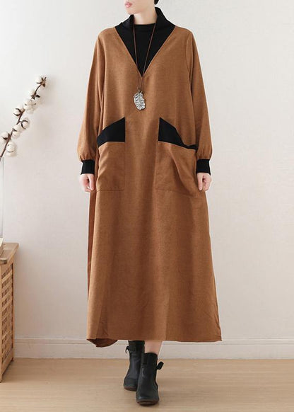 Organic High Neck Patchwork Cotton Dresses Work Outfits Yellow a Line Dresses Fall