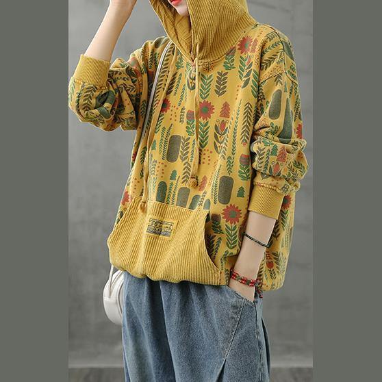 Organic Hooded Fall Crane Tops Neckline Yellow Plant Printing Shirts