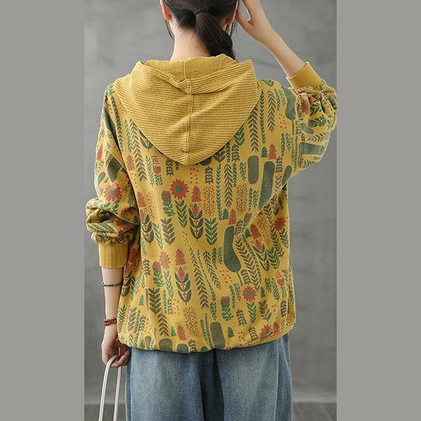 Organic Hooded Fall Crane Tops Neckline Yellow Plant Printing Shirts