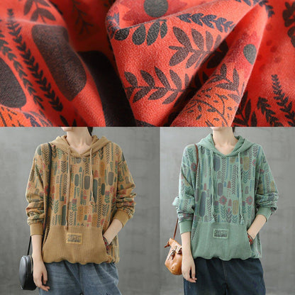 Organic hooded fall crane tops Neckline yellow Plant printing shirts