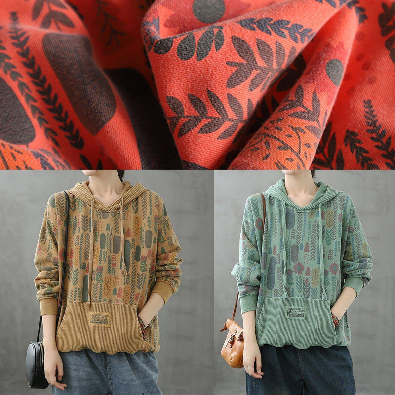 Organic Hooded Fall Crane Tops Neckline Yellow Plant Printing Shirts