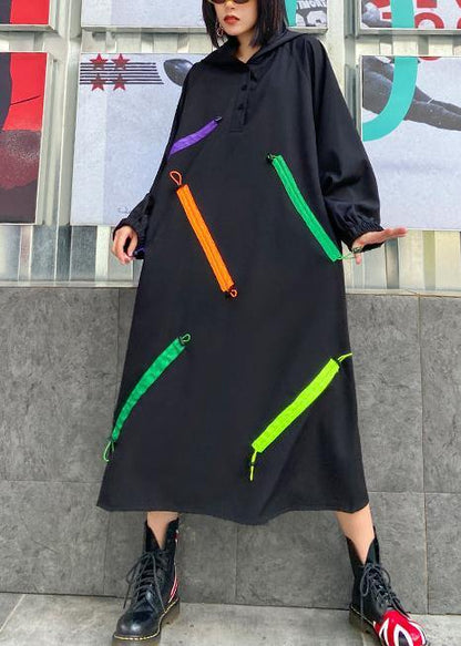 Organic Hooded Long Sleeve Fallclothes Design Black Long Dress