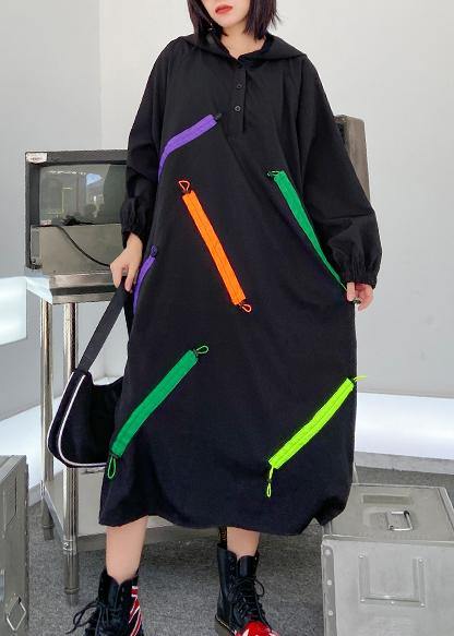 Organic Hooded Long Sleeve Fallclothes Design Black Long Dress