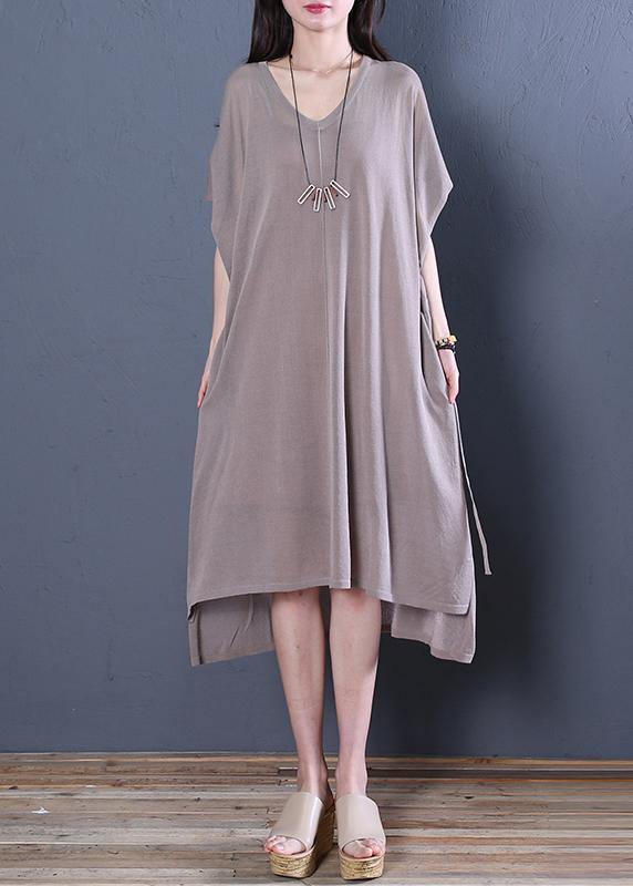 Organic Khaki Linen Clothes for V Neck Side Open Baggy Summer Dress