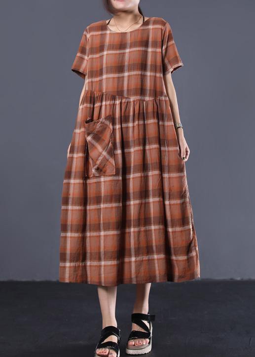 Organic Khaki Plaid O Neck Cotton Clothes Big Hem Long Summer Dresses