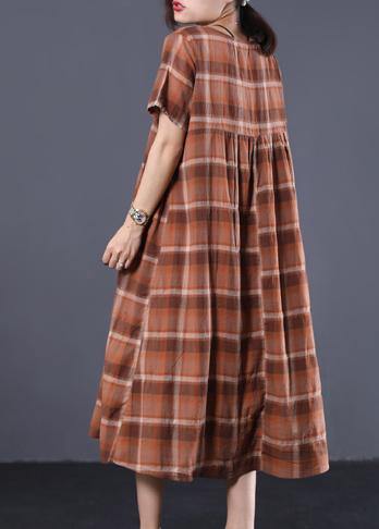 Organic Khaki Plaid O Neck Cotton Clothes Big Hem Long Summer Dresses