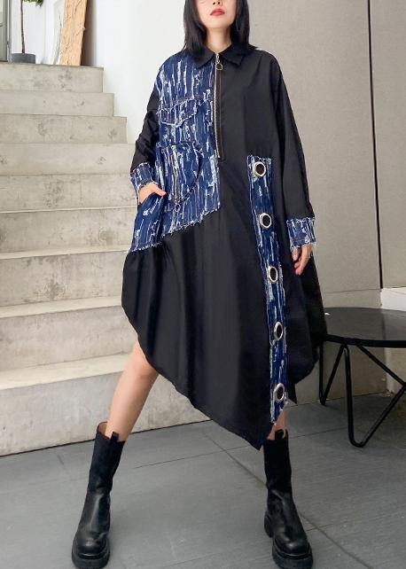 Organic Lapel Asymmetric Dresses Catwalk Black Robe Dress