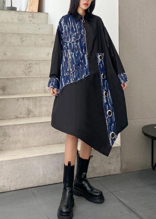 Organic Lapel Asymmetric Dresses Catwalk Black Robe Dress