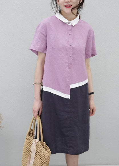 Organic Lapel Patchwork Linen Summerlong Shirts Pattern Purple Dress