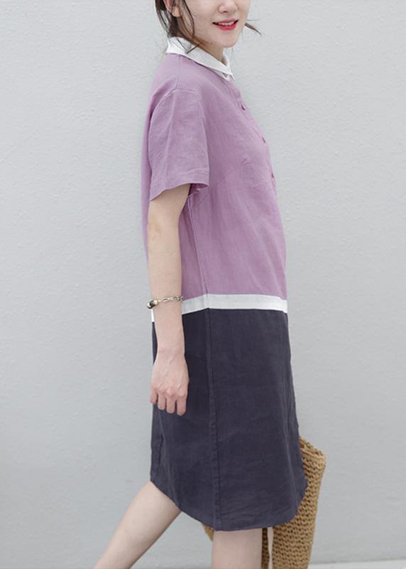 Organic Lapel Patchwork Linen Summerlong Shirts Pattern Purple Dress