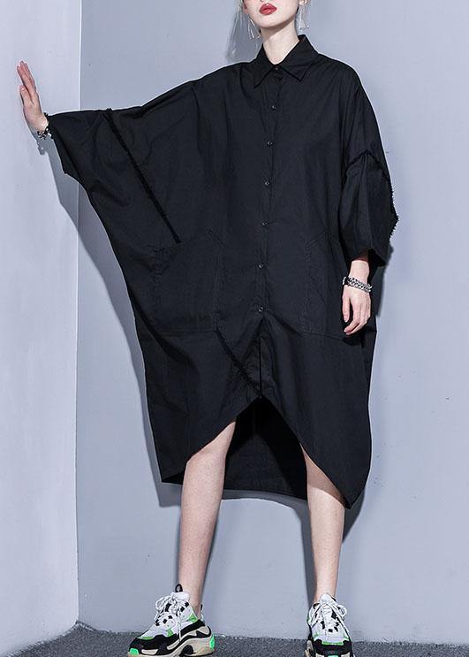Organic Lapel Pockets Patchwork Cotton Spring Clothes for Design Black Traveling Dress