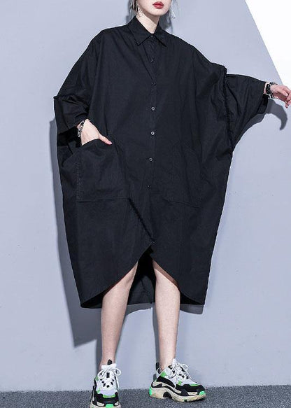 Organic Lapel Pockets Patchwork Cotton Spring Clothes for Design Black Traveling Dress