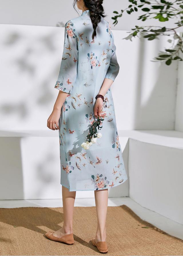 Organic Light Blue Linen Clothes Stand Collar Half Sleeve Loose Summer Dress