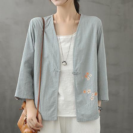 Organic Light Blue Shirts V Neck Chinese Button Knee Blouse