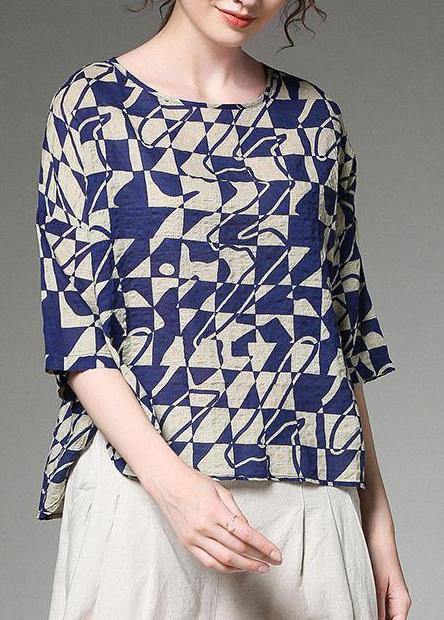 Organic Linen Cotton Tunic Korea Summer Short Sleeve Blue Plaid Blouse