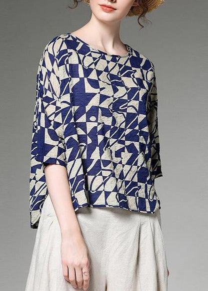 Organic Linen Cotton Tunic Korea Summer Short Sleeve Blue Plaid Blouse