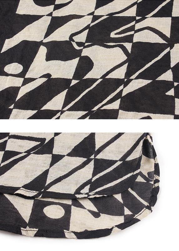 Organic Linen Cotton Tunic Korea Summer Short Sleeve Blue Plaid Blouse