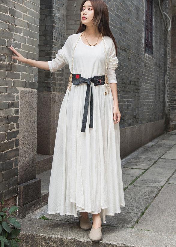 Organic Long Sleeve Cotton Linen Quilting Dresses Work White Patchwork Dress Summer