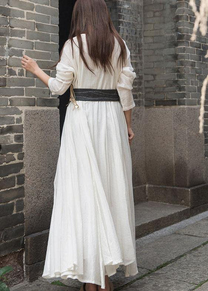 Organic Long Sleeve Cotton Linen Quilting Dresses Work White Patchwork Dress Summer