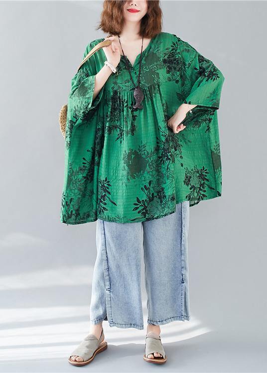 Organic Loose Cotton Linen Summerclothes Green Prints V Neck Loose Blouse